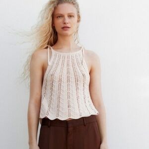 3/$25 Zara Crochet Openwork Knit Cream Cotton Halter Tank Top S